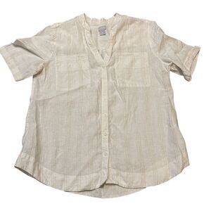 Chico's Women's White Striped V-Neck Short Sleeve Blouse Size 2